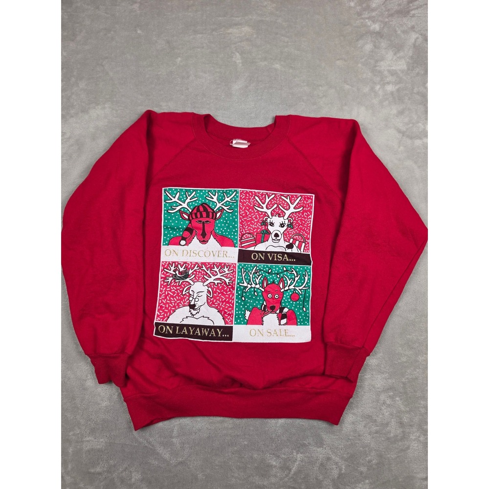 Vintage Sweatshirt Women L Red Reindeer Christmas Graphic Comedy Funny USA Made
